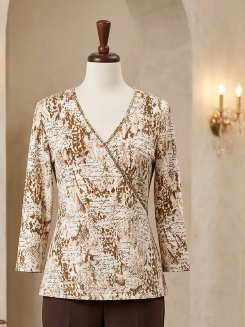 Women’s Faux Wrap Printed Top in Cream and Brown